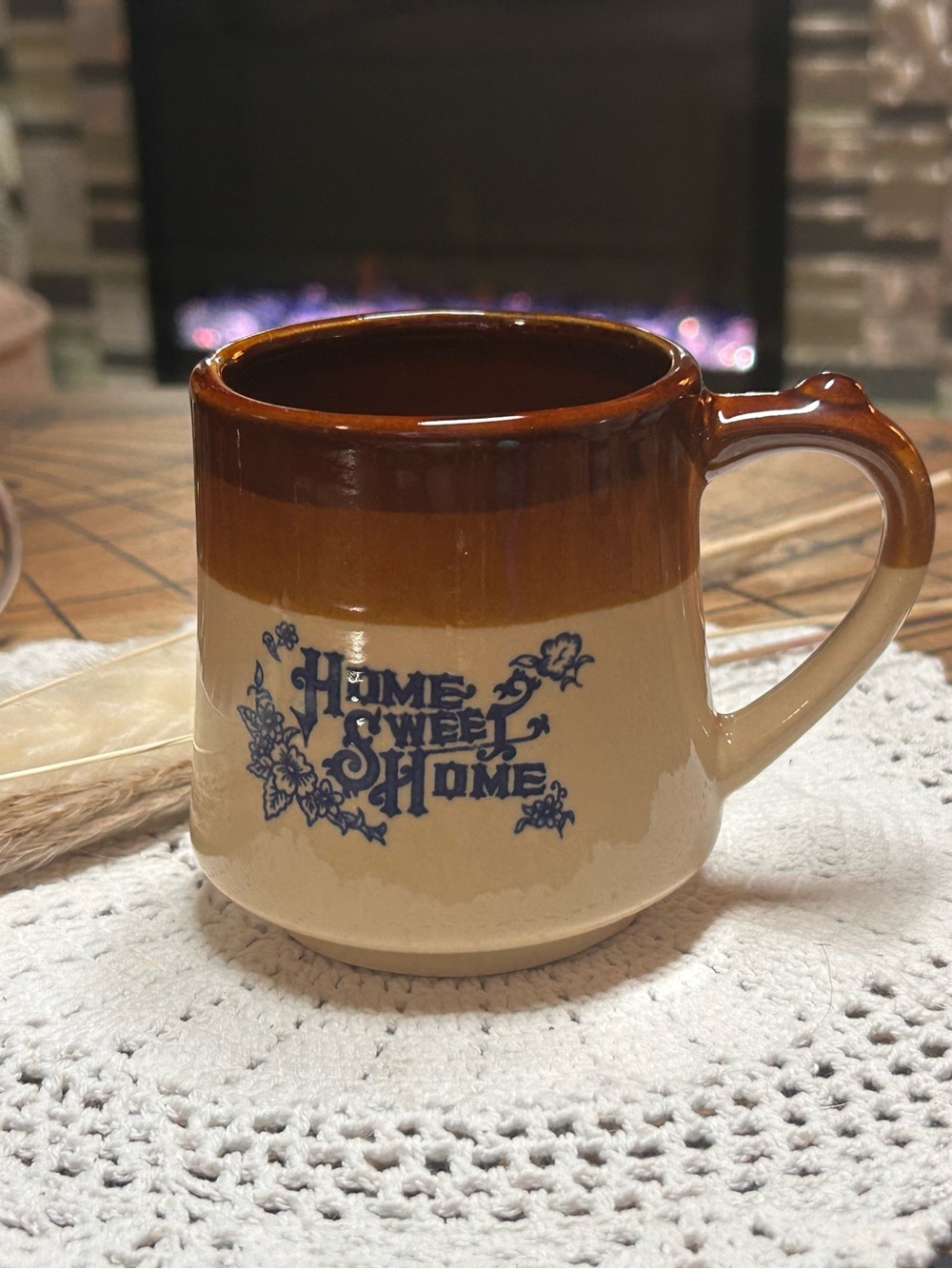 Vintage Home Sweet Home Tea Toter Mug | 1970s Stoneware Tea Bag Holder Cup |